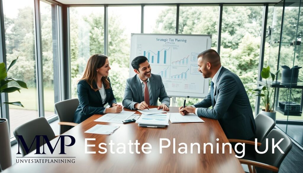A professional family investment company meeting scene emphasizing inheritance planning in the UK. In the foreground, three diverse individuals in business attire are engaged in a discussion over financial documents and charts on a polished wooden table, showcasing collaboration. In the middle ground, a whiteboard filled with strategic tax planning notes and diagrams illustrates the concept of inheritance tax mitigation. The background features a well-appointed office with modern decor, large windows allowing natural light to flood the room, and a view of lush green gardens. Soft focus on the edges adds an air of professionalism and warmth, capturing the optimistic atmosphere of a family-centric approach to investment and inheritance planning. The brand name "MP Estate Planning UK" is subtly integrated into the scene, adding authenticity without detracting from the primary focus.