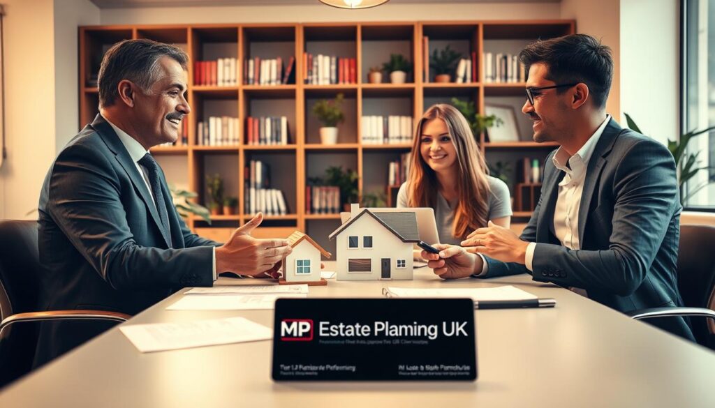 A professional financial advisor in a modern office setting, discussing home loan options with a couple. The advisor, a middle-aged man in a smart suit, exudes confidence and knowledge, while the couple, a young woman and man dressed in professional attire, show curiosity and engagement. The foreground features a sleek desk with papers, a laptop, and a house model. In the middle, a large window lets in warm, natural light, illuminating the scene. The background reveals a bookshelf filled with financial literature and plants for a calming effect. The atmosphere conveys trust, professionalism, and optimism. The brand name "MP Estate Planning UK" subtly integrated into the scene, perhaps on a business card on the desk.