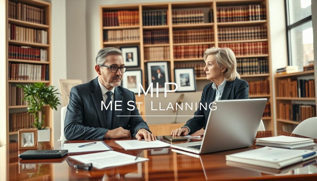 A professional financial advisor in a well-lit, modern office setting, wearing a tailored suit and glasses, is discussing life insurance options with a middle-aged couple, who are dressed in business casual attire. The foreground features a glossy wooden desk with documents, a laptop, and a calculator, emphasizing the theme of estate planning. In the middle ground, framed pictures and a small indoor plant add warmth and a welcoming atmosphere. The background shows floor-to-ceiling bookshelves filled with finance and legal books, implying expertise. Natural light filters in through large windows, creating a soft, inviting glow. The mood is serious yet approachable, conveying trust and professionalism. Include a subtle incorporation of the brand name “MP Estate Planning UK” within the office decor.