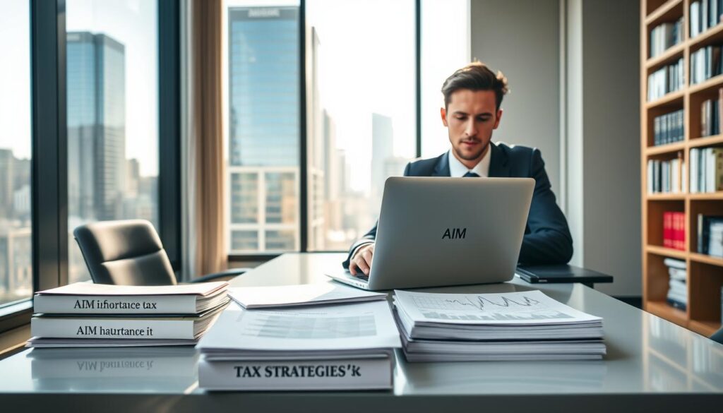 A professional financial advisor in business attire sits at a sleek modern desk, analyzing graphs and data on a laptop, symbolizing strategies for avoiding inheritance tax through AIM shares. The foreground features neatly stacked documents labeled 'AIM Shares' and 'Tax Strategies.' In the middle ground, a large window reveals a cityscape with tall buildings, suggesting a thriving financial environment. Natural sunlight streams in, casting soft shadows that create a warm and inviting atmosphere. The background showcases a bookshelf with financial literature, reinforcing the theme of knowledge and strategy. The color palette is rich and balanced, promoting a sense of trust and professionalism. Include a subtle logo of "MP Estate Planning UK" on the desk, emphasizing the focus on estate planning.