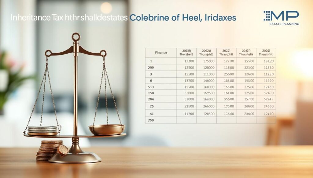 A professional infographic illustrating the inheritance tax thresholds in the UK for 2025, focusing on small estates. In the foreground, a stylized, modern scale balanced with coins and legal documents symbolizing financial aspects. In the middle ground, a clear representation of a financial spreadsheet featuring columnar data on tax thresholds, accented with simple icons like homes and family symbols. The background should be a soft-focus, calming office environment with subtle warm lighting, suggesting a sense of professionalism and clarity. Incorporate a sleek branding element of "MP Estate Planning UK" in an unobtrusive manner. Aim for a clean, informative, yet visually engaging layout, avoiding any text or watermarks.