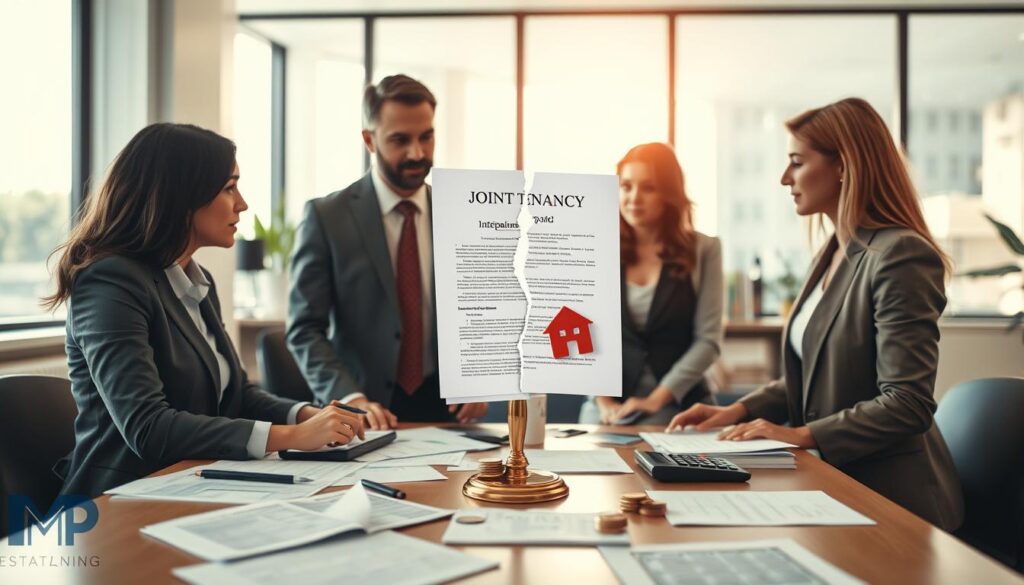 A professional, informative image illustrating the tax implications of severing joint tenancy. In the foreground, a diverse group of three individuals in business attire, engaged in discussion around a table filled with documents, charts, and calculators. The middle layer features a visual representation of a joint tenancy document, partially torn to symbolize severance, surrounded by tax forms and a scale balancing coins and a house symbolizing financial implications. The background consists of a modern office setting, softly lit with natural light streaming through large windows, creating a warm, focused atmosphere. The overall mood is serious yet hopeful, implying careful consideration of estate planning. Include a subtle watermark of "MP Estate Planning UK" in the lower corner.