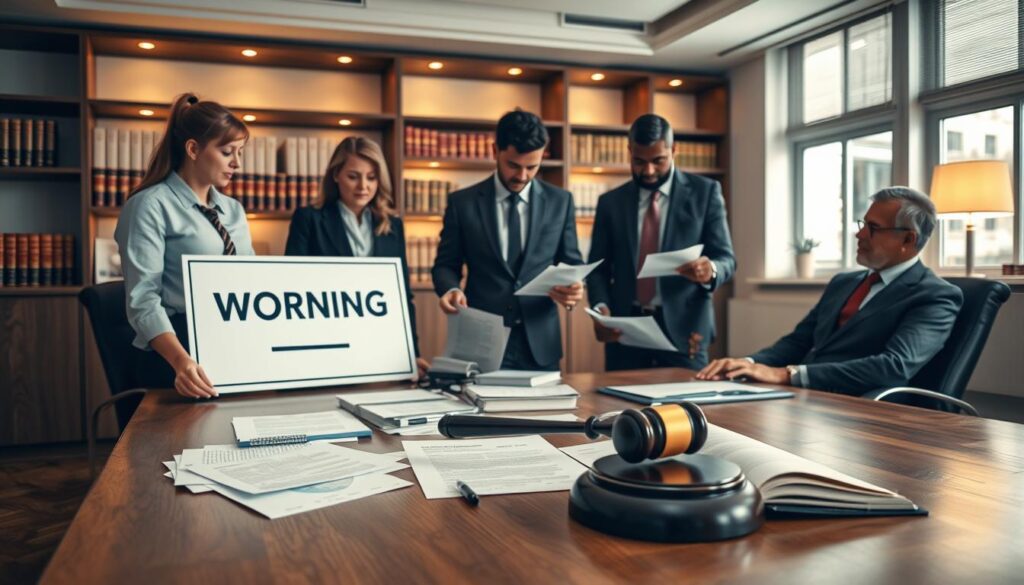 A professional legal office setting showcasing the "probate warning process". In the foreground, a diverse group of three business professionals in smart attire, two of them analyzing documents and discussing with focused expressions, while one is seated at a desk, prominently displaying a "Warning" notice. The middle ground features a large wooden table with scattered legal papers, a gavel, and an open law book, symbolizing the complexities of probate matters. In the background, softly illuminated shelves lined with law books add depth, and a window allows warm natural light to filter in, creating an inviting yet serious atmosphere. The image emphasizes clarity and professionalism, with a subtle logo of "MP Estate Planning UK" on a document visible on the table.