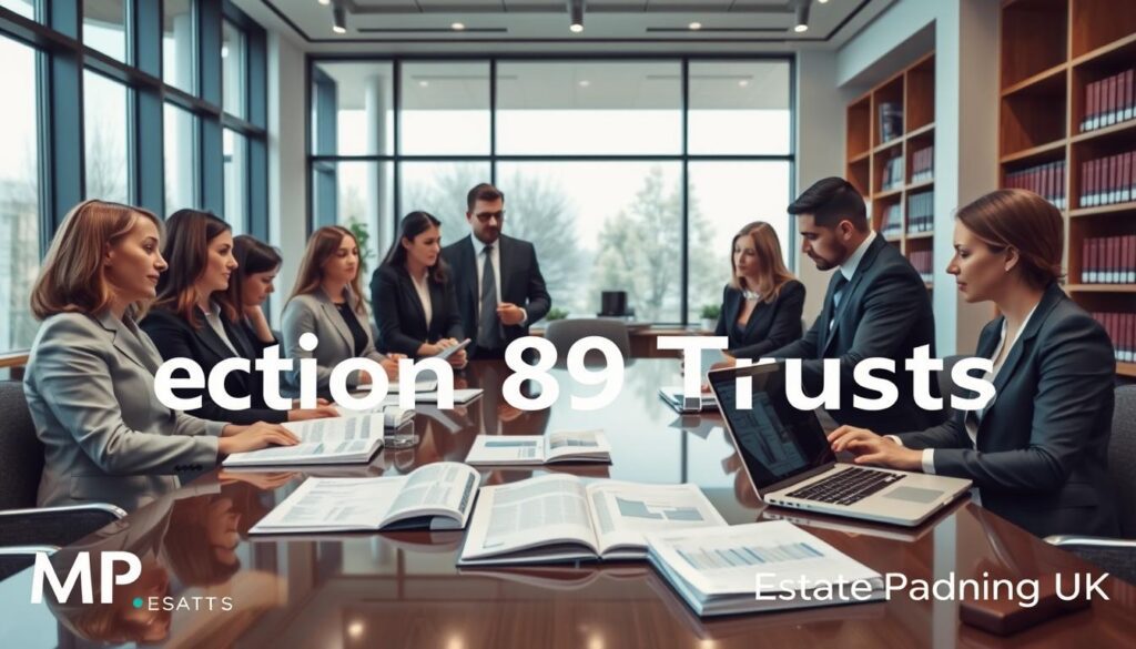 A professional legal setting depicting "Section 89 Trusts". In the foreground, a diverse group of business professionals dressed in formal attire, reviewing legal documents and engaging in discussion, showcasing collaboration. The middle ground features a polished conference table with legal books open, charts illustrating tax rules, and a laptop displaying relevant data on vulnerable person trusts. In the background, a sleek law office with large windows, letting in natural light that creates an inviting atmosphere, along with shelves filled with legal texts and certificates. The whole scene should evoke a sense of professionalism, clarity, and serious focus, without any text or distractions. Include the brand name "MP Estate Planning UK" subtly integrated into the scene.
