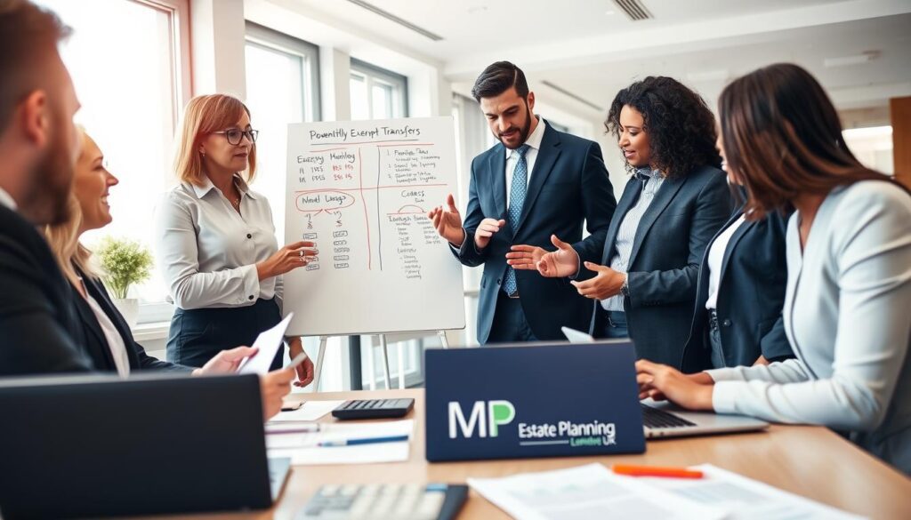 A professional, modern office environment featuring a diverse group of four individuals discussing property and financial planning strategies, all dressed in smart business attire. The foreground shows a table with documents, calculators, and a laptop open to financial graphs. In the middle, the group engages in a collaborative discussion, gesturing towards a whiteboard filled with diagrams illustrating Potentially Exempt Transfers (PETs) and their implications on Inheritance Tax (IHT). The background reveals a well-lit office with large windows allowing natural light to create a warm atmosphere. The setting conveys a sense of professionalism and teamwork. Include a subtle branding element featuring “MP Estate Planning UK” on a document on the table, ensuring no text or watermarks are overtly visible.