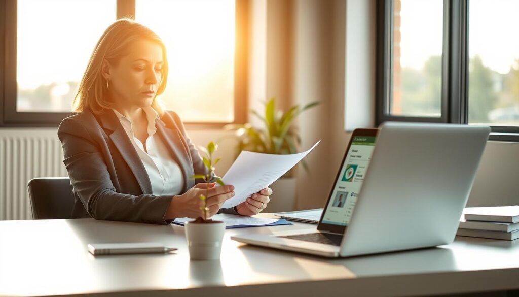 A professional, modern office environment highlighting a serene moment of accessing inherited funds. In the foreground, a middle-aged woman in business attire sits at a sleek desk, thoughtfully reviewing financial documents. She appears focused yet calm, with subtle expressions of determination. The middle ground features an open laptop displaying an online banking interface, alongside a small potted plant symbolizing growth. In the background, large windows reveal a sunny day, adding warmth to the scene. Soft, natural lighting creates a welcoming atmosphere, with gentle shadows enhancing the depth. Incorporating elements of modern financial tools, signify a blend of tradition and innovation, all while representing the brand "MP Estate Planning UK".