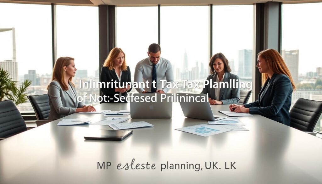 A professional, modern office setting illustrating "Inheritance Tax Planning for Non-Doms." In the foreground, a diverse group of four individuals, dressed in business attire, are engaged in a discussion over documents and charts on a sleek conference table. The middle creates an air of collaboration, with scattered papers and a laptop displaying financial graphs. In the background, large windows reveal a skyline view of London, bathed in soft, natural light that enhances the atmosphere of focus and professionalism. Subtle shadows play across the room, adding depth. The overall mood is serious yet optimistic, embodying strategic planning and financial expertise. The brand name "MP Estate Planning UK" is subtly integrated into the office environment without affecting the professional tone of the image.