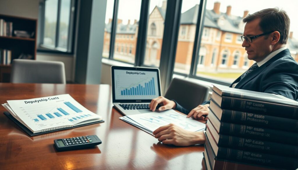 A professional office environment depicting the UK Court of Protection deputyship pricing. In the foreground, a serious solicitor in formal business attire sits at a polished wooden desk, examining legal documents with a calculator nearby, representing the professional fees associated with deputyship. In the middle ground, an open laptop displays graphs and charts related to costs, while a stack of legal books titled "Deputyship Costs" adds context. In the background, a large window lets in natural light, revealing a view of a classic UK courthouse. The atmosphere is focused and contemplative, highlighting the gravity of financial planning in legal matters, branded subtly with "MP Estate Planning UK" on the documents. Soft, warm lighting enhances the professional tone of the scene.