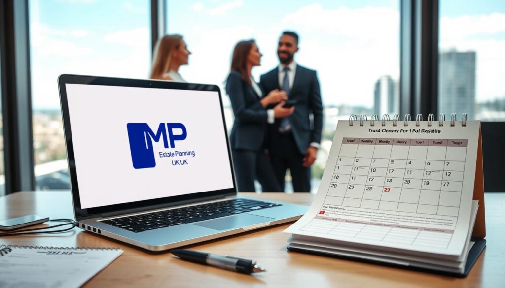 A professional office environment featuring a well-organized desk with an open calendar, highlighting specific deadlines for trust registration in the UK. The foreground showcases a modern laptop displaying a detailed spreadsheet with deadlines marked, alongside a neatly stacked pile of legal documents and a pen. In the middle, a diverse group of three professionals in business attire, engaged in a discussion, emphasizing teamwork and urgency around trust registration. The background consists of a glass window revealing a cityscape with a clear blue sky, symbolizing a bright future. Soft, natural lighting filters through the window, creating a productive atmosphere. The brand logo "MP Estate Planning UK" subtly appears on the laptop's screen.