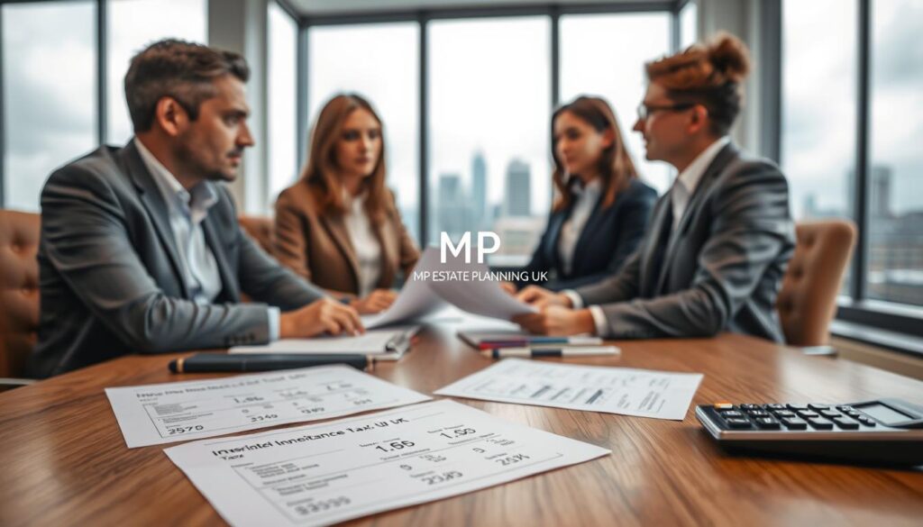 A professional office environment focused on the theme of Inheritance Tax in the UK. In the foreground, a detailed wooden table with neatly arranged documents and a calculator, highlighting numerical data on inheritance tax thresholds. In the middle ground, a diverse group of three professionals dressed in business attire, engaging in discussion over the documents, reflecting a serious yet collaborative mood. The background features a large window that allows soft, natural light to illuminate the scene, showcasing a subtle city skyline, symbolizing the UK's financial realm. The atmosphere should convey a sense of professionalism and importance regarding financial planning. Include a subtle branding element for "MP Estate Planning UK" integrated into the backdrop. No text or watermarks present.