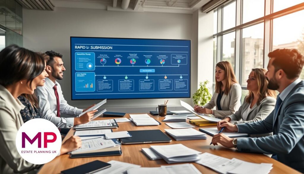 A professional office environment illustrating the concept of a "rapid LPA submission process." In the foreground, a diverse group of business professionals, dressed in smart business attire, are engaged in a lively discussion around a large table filled with documents and digital devices showcasing data charts and submission forms. In the middle ground, a large digital screen displays a streamlined workflow diagram, highlighting efficiency. The background features a modern office setting with large windows allowing natural light to flood the room. The atmosphere is dynamic and focused, with an emphasis on collaboration and urgency. The image should reflect a sense of progress and the challenges faced, with the logo of "MP Estate Planning UK" subtly integrated in the scene, enhancing the professional context.
