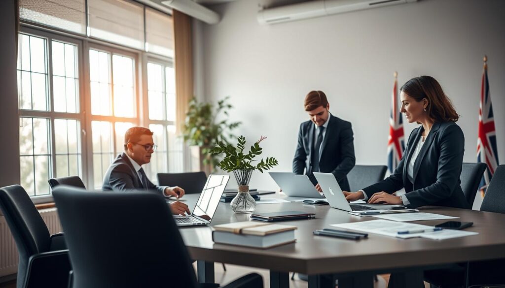 A professional office environment, illustrating the role of HMRC in managing inheritance tax. In the foreground, a diverse team of three professionals in smart business attire are analyzing financial documents and discussing strategies. The middle ground features a large conference table with laptops, legal papers, and a decorative plant, creating an atmosphere of collaboration and focused discussion. The background shows large windows letting in soft natural light, casting a warm glow throughout the room. A subtle hint of the UK flag can be seen in a corner, symbolizing the national context. The overall mood is one of professionalism and diligence, emphasizing the importance of understanding inheritance tax management. Include a small logo discreetly placed, "MP Estate Planning UK".