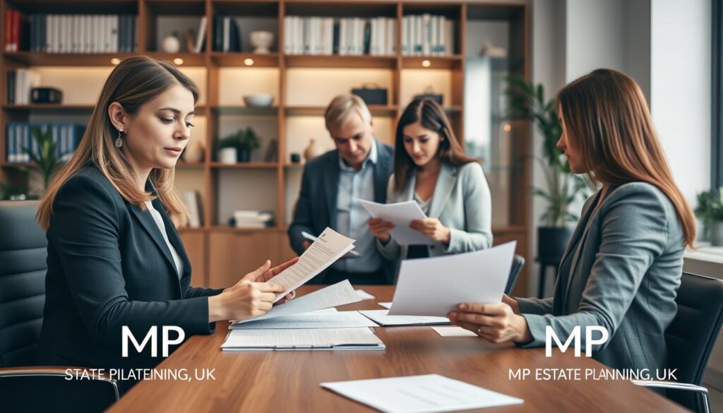 A professional office environment showcasing a group of diverse individuals discussing the HMRC Direct Payment Scheme. In the foreground, a female financial advisor in a smart business suit sits at a modern wooden desk, explaining documents with a thoughtful expression. In the middle ground, two engaged clients, one male and one female, are reviewing paperwork, looking intrigued and curious. The background features a large window with soft natural light filtering through, illuminating bookshelves filled with financial literature and a potted plant for a touch of warmth. The overall atmosphere is one of professionalism, trust, and clarity, encouraging an open discussion about tax-related topics. Subtle branding elements indicating "MP Estate Planning UK" are placed strategically in the office setting without dominating the scene.