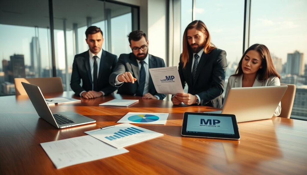 A professional office environment showcasing a meeting room where a diverse group of four individuals, dressed in smart business attire, are discussing non-taxable trust registration. The foreground features a polished wooden conference table with documents, a laptop, and a digital tablet displaying graphs related to trust management. In the middle, one person is pointing at a detailed pie chart, while two others are taking notes intently. The background features floor-to-ceiling windows revealing a cityscape with soft natural light flooding the room, creating a calm yet focused atmosphere. The branding "MP Estate Planning UK" is subtly incorporated into the design of the documents on the table, ensuring a connection to estate planning services. The overall mood is serious and professional, emphasizing collaboration and expertise in trust management.