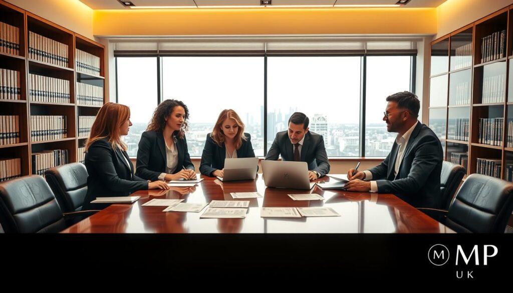 A professional office environment showcasing the concept of non-taxable trust registration in the UK. In the foreground, a diverse group of four professionals—two women and two men—are engaged in discussion around a large conference table filled with documents and a laptop. They are dressed in smart business attire, with a focus on teamwork and collaboration. In the middle ground, a large window reveals a serene cityscape, creating a sense of openness and clarity. The background features shelves filled with legal books and various financial planning materials. The lighting is warm and inviting, casting soft reflections on the polished table. The mood is focused and professional, emphasizing the importance of understanding registration requirements. Include subtle branding elements representing "MP Estate Planning UK" in the workspace.