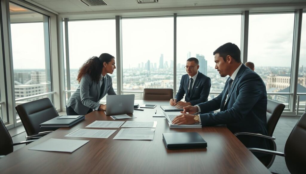 A professional office environment showcasing the concept of "replacement attorney activation" in the UK. In the foreground, a diverse group of three individuals in smart business attire—two attorneys and a client—engaged in a serious discussion over legal documents and a laptop. In the middle, a large conference table laden with paperwork, legal texts, and a subtle visual reference to the brand "MP Estate Planning UK" on a document. In the background, floor-to-ceiling windows providing a view of a city skyline, with soft natural light illuminating the room. The atmosphere is focused and serious, capturing the gravity of legal decisions and activations. The composition is clear and professional, highlighting the importance of informed legal counsel in the context of replacement attorneys.
