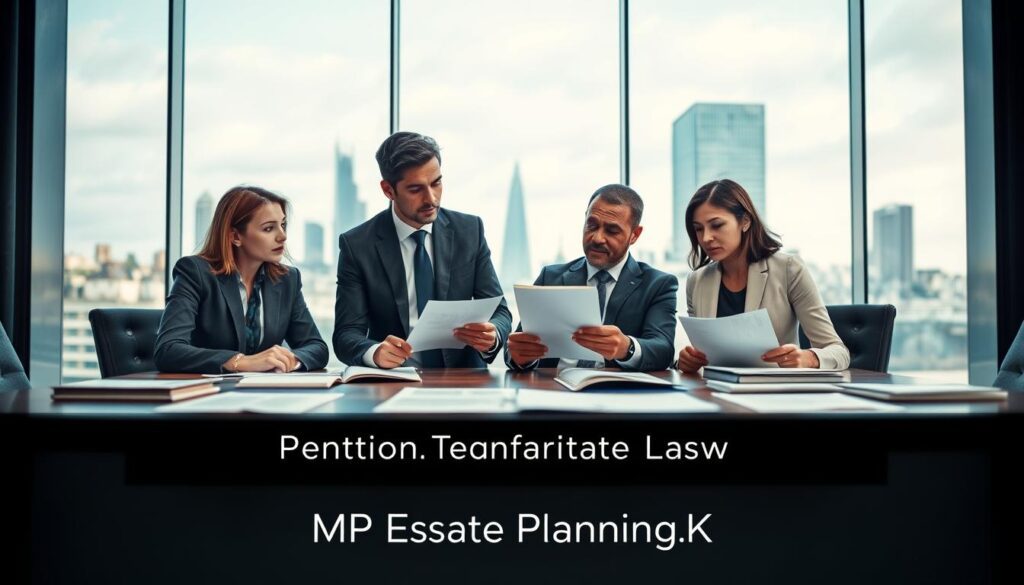 A professional office environment with a large conference table in the foreground, filled with financial documents and legal papers related to UK pension transfer laws. In the middle, a diverse group of business professionals—two men and two women dressed in smart business attire—engaged in a serious discussion, analyzing documents, and using a laptop. The background features a glass wall with a view of the London skyline, symbolizing a modern financial hub. Soft, natural lighting filters through the windows, creating a sense of clarity and focus. The color palette includes cool blues and grays, emphasizing professionalism and urgency. At the bottom, subtly displayed is the brand name "MP Estate Planning UK."