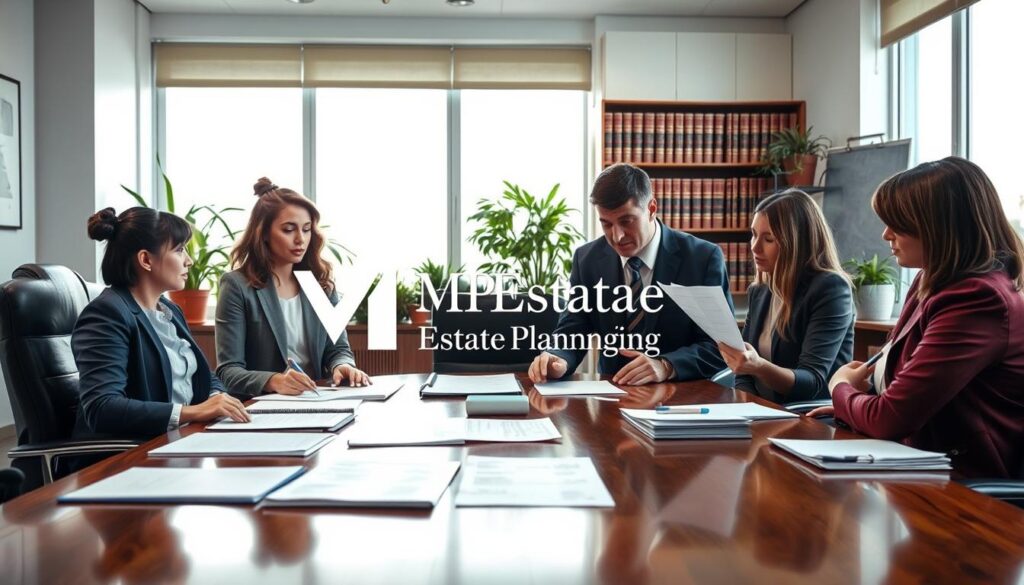 A professional office interior portraying a calm and organized setting for resolving probate caveat disputes. In the foreground, a diverse group of individuals in professional business attire, including a woman and man engaged in discussion over papers and legal documents on a polished wooden table. The middle ground features a large window with natural sunlight streaming in, casting a warm glow over the scene. Shelves filled with legal books and documents lined neatly in the background, enhancing the ambiance of professionalism. The room is decorated with potted plants, adding a touch of freshness. The atmosphere is serious yet collaborative, conveying a sense of determination and resolution. The brand name "MP Estate Planning UK" subtly integrated into the scene's elements, ensuring a fitting representation of the subject matter.