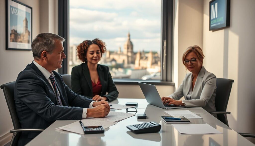 A professional office scene depicting a consultation on UK Court of Protection deputyship costs. In the foreground, a diverse group of three individuals in business attire—two clients (a man and a woman) and a specialist advisor—are seated around a modern conference table covered with legal documents, a calculator, and a laptop, illustrating the complexities of deputyship pricing. In the middle ground, a large window reveals a view of a traditional UK cityscape, hinting at the backdrop of legal institutions. Soft, warm lighting creates a welcoming atmosphere, while a shallow depth of field focuses on the group, blurring the cityscape slightly. The ambiance conveys professionalism and contemplation, emphasizing the important financial considerations. Include subtle branding elements like a logo of "MP Estate Planning UK" framed on the wall.