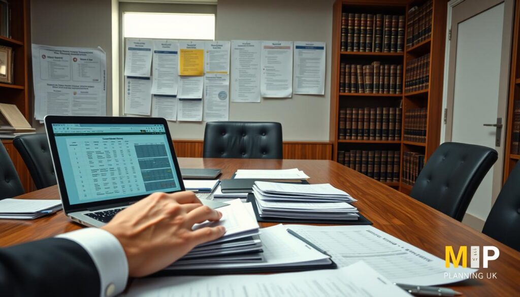 A professional office scene focused on the theme of trust registration requirements. In the foreground, a wooden conference table is cluttered with organized folders, papers, and a laptop displaying a spreadsheet with relevant data. A pair of hands, dressed in smart business attire, illustrates the act of reviewing important documents. In the middle ground, a large window brings in soft, natural light, highlighting various charts pinned on a notice board that outline the registration steps. The background features bookshelves filled with legal texts related to estate planning, showcasing an air of authority and professionalism. The overall mood is focused and serious, emphasizing the importance of compliance and organization in the registration process. The brand name "MP Estate Planning UK" is subtly represented in the decor.