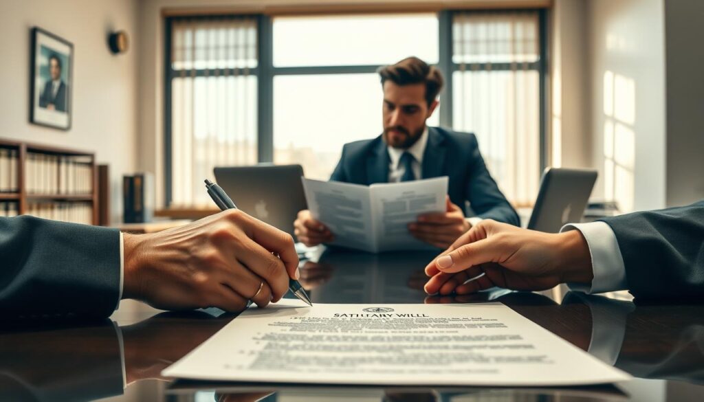 A professional office setting conveying clarity and trust, featuring a polished desk with a neatly organized statutory will document prominently displayed. In the foreground, a pair of hands, dressed in smart business attire, penning notes on a notepad beside the document. In the middle, a thoughtful individual, representing a legal advisor, reviewing the will with a calm expression, surrounded by legal books and a laptop. The background features a large window allowing soft, natural light to filter through, illuminating the space while casting gentle shadows. The atmosphere is serious yet welcoming, underscoring the importance of statutory wills in the UK. Subtly incorporate elements representing "MP Estate Planning UK" to enhance the context, while ensuring no text is present in the image.