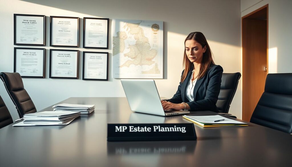 A professional office setting depicting a businesswoman in formal attire, using a laptop while sitting at a sleek conference table. On the desk, there are organized files and documents related to probate search services, showcasing a blend of paperwork and digital resources. In the background, a wall features framed certificates and a large map of the UK, subtly highlighting the legal nature of the work. Soft, natural lighting filters through a large window, creating a warm and inviting atmosphere. The focus is on the subject’s concentrated expression, embodying determination and professionalism. The brand name "MP Estate Planning UK" is incorporated into the scene, displayed elegantly on a nameplate on the table. The composition is clean, with an emphasis on clarity and purpose.