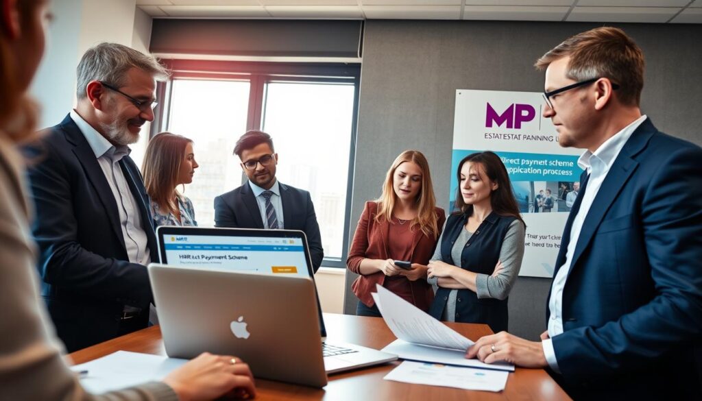 A professional office setting depicting a diverse group of business people engaged in a discussion about the HMRC Direct Payment Scheme Application Process. In the foreground, a middle-aged man in a navy suit and a young woman in a smart dress are reviewing documents on a table, with a laptop open displaying HMRC's website. In the middle ground, a window with natural light illuminates the scene, showcasing a modern cityscape outside. In the background, a large poster featuring the brand name "MP Estate Planning UK" is prominently displayed on the wall. The atmosphere conveys a sense of collaboration and focus, with warm lighting enhancing the professionalism of the setting. The angle is slightly elevated, showcasing both the participants and their surroundings, emphasizing the importance of the scheme in estate management.