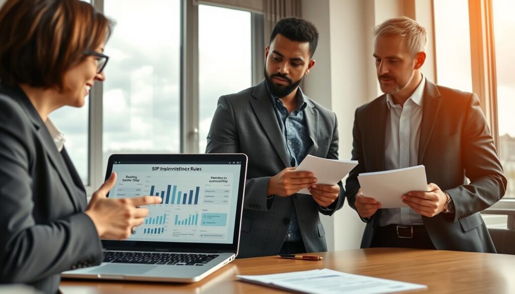 A professional office setting depicting a diverse group of three business professionals engaged in a serious discussion about SIPP inheritance rules. In the foreground, a middle-aged woman in a smart business suit gestures towards a laptop displaying charts and figures related to beneficiary nominations. In the middle, a young man in a tailored blazer listens intently, holding a notepad. In the background, a large window reveals a cloudy sky, symbolizing changing circumstances. The lighting is soft and natural, with warm tones creating a calm atmosphere, highlighting the importance of planning for the future. The overall mood is focused and collaborative, representing the careful consideration necessary in financial planning. The branding "MP Estate Planning UK" subtly integrated into a visible document on the table.