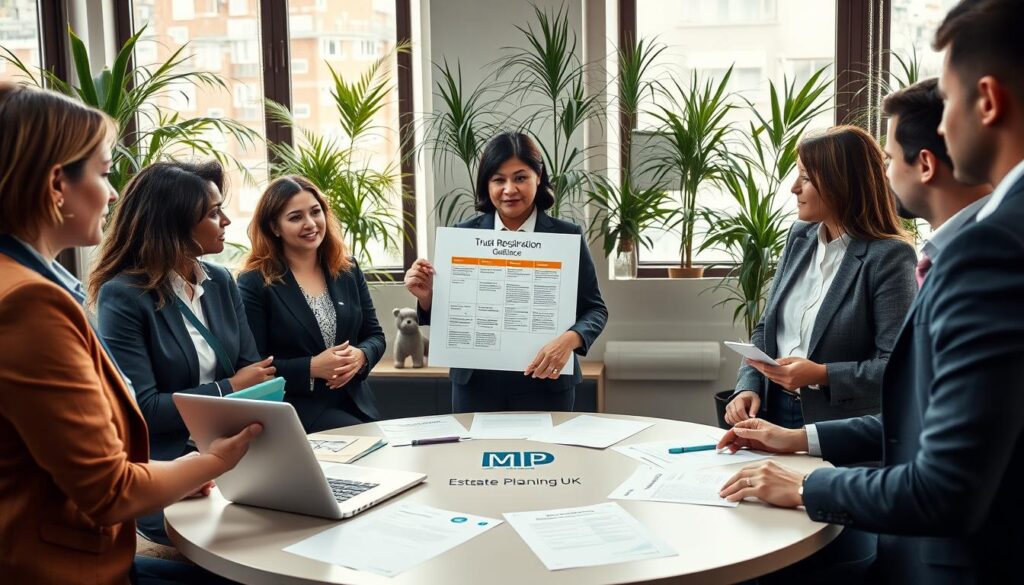A professional office setting depicting a group of diverse individuals engaged in a discussion about trust registration, showcasing a mix of genders and ethnicities, all dressed in smart business attire. In the foreground, a circular conference table is neatly arranged with documents and charts illustrating trust registration processes. On the table, a laptop is open, displaying a webpage titled "Trust Registration Guidance." In the middle of the image, an engaged speaker, a middle-aged Asian woman, points to a chart, highlighting key resources for trust registration, while others attentively take notes. In the background, large windows let in natural light, casting a warm, inviting glow over the space filled with indoor plants. The atmosphere is one of collaboration and professionalism, embodying the idea of support and resources. The logo "MP Estate Planning UK" is subtly placed on a document on the table.
