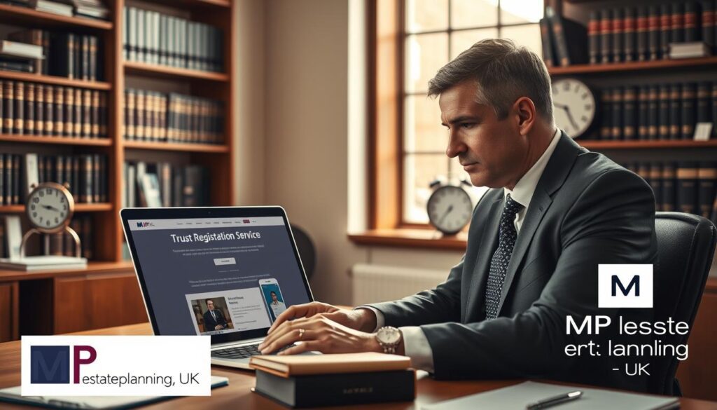 A professional office setting depicting a legal consultant seated at a desk, engaged in a serious discussion about trust registration services in the UK. The consultant, a middle-aged male in a tailored suit, looks thoughtfully at a laptop displaying a trust registration service webpage. In the background, shelves filled with legal books and documents suggest a high level of expertise. Warm, natural lighting filters through a large window, creating a calm and focused atmosphere. A subtle reminder of compliance emphasizes the importance of registration—a clock highlights the need for timely action. The brand name "MP Estate Planning UK" appears subtly in the corner, enhancing the professional tone without distracting from the primary focus.