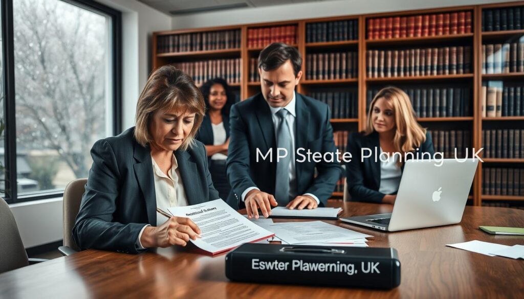 A professional office setting depicting a team of diverse individuals in business attire engaged in a discussion. In the foreground, a concerned middle-aged woman is signing a document labeled "Revocation of Enduring Power of Attorney," with a focused expression, conveying determination. Beside her, a supportive lawyer in a smart suit points to the document, offering guidance. The middle ground features a wooden conference table scattered with paperwork and a laptop. In the background, bookshelves filled with legal texts and a window showing a rainy day create a somber but empowering atmosphere. Natural lighting filters in, casting soft shadows, enhancing the professionalism of the scene. The brand name "MP Estate Planning UK" subtly integrated into the background decor without any text overlays.