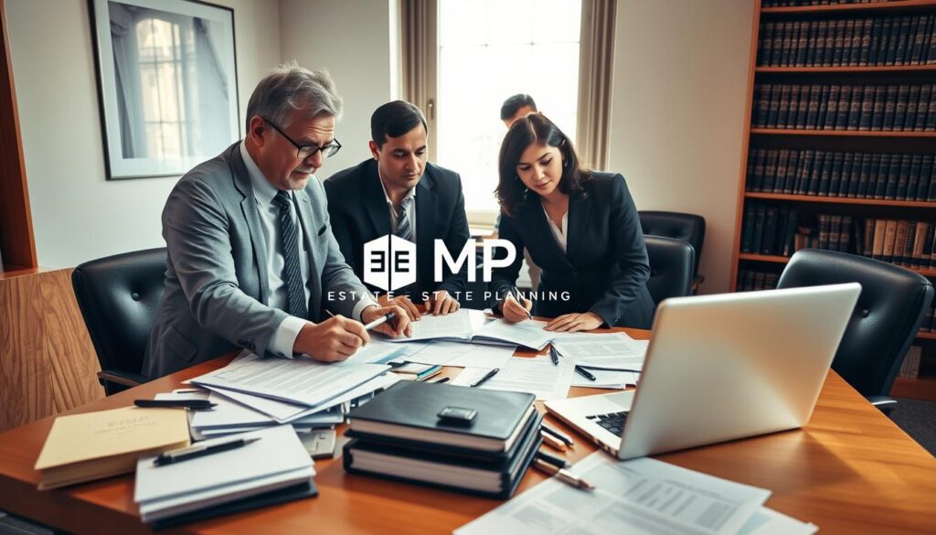 A professional office setting depicting the Deed of Variation process. In the foreground, a diverse group of three individuals in business attire—an older Caucasian man, a middle-aged Black woman, and a young Asian male—collaborating around a cluttered desk filled with legal documents, pens, and a laptop open to a relevant spreadsheet. The middle section features a large window with natural light streaming in, casting soft shadows across the room, and a bookshelf filled with law books visible in the background. The mood is focused and professional, reflecting the seriousness of legal processes. A logo representation of "MP Estate Planning UK" subtly integrated into the scene, ensuring a clear connection to the topic. The image is clean, with a warm yet serious color palette.