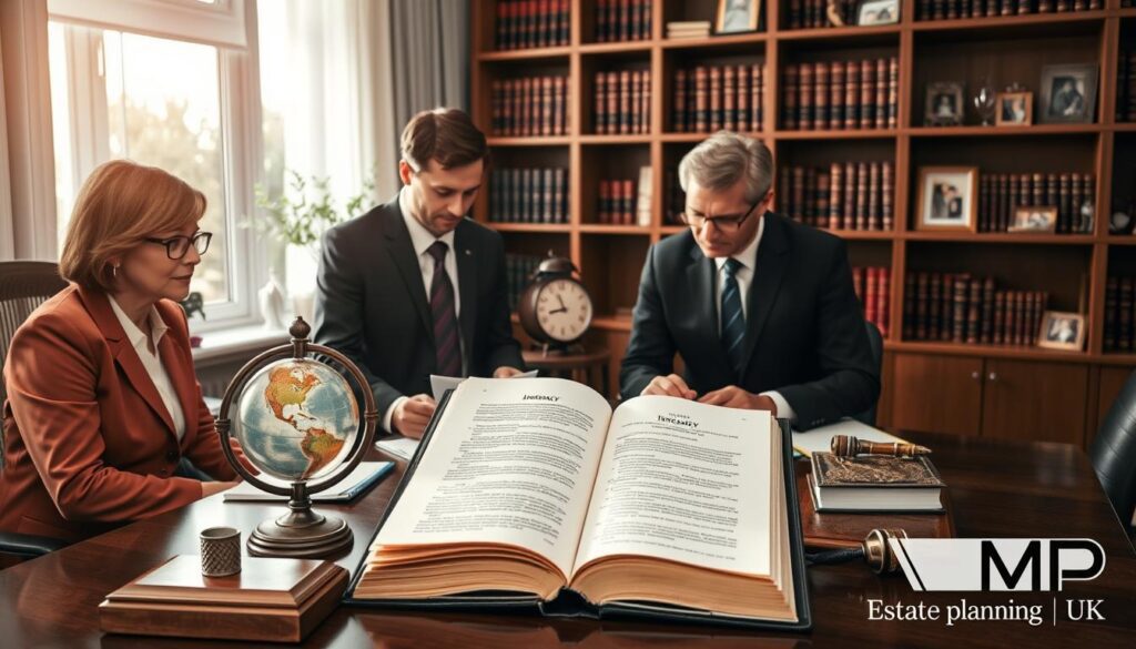 A professional office setting depicting the concept of intestate inheritance rules in the UK. In the foreground, a diverse group of three people in business attire—two men and one woman—gather around a conference table, examining legal documents and discussing intesacy issues with a thoughtful expression. The middle layer features a large, elegant law book open to a page about intestacy, surrounded by decorative items like a globe and a clock, symbolizing time and legacy. In the background, a bookshelf filled with law books and framed family photographs signifies the importance of family connections. Soft, natural lighting streaming through a window creates a warm and inviting atmosphere. The scene subtly incorporates the brand "MP Estate Planning UK" in the décor without being overt, maintaining a focus on professionalism and clarity in legal discussions.