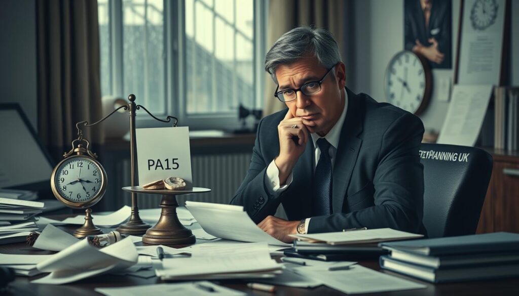 A professional office setting depicting the consequences of renouncing executor duties. In the foreground, a concerned middle-aged person in professional business attire sits at a desk cluttered with papers, looking thoughtfully at a document labeled "PA15", symbolizing decision-making. In the middle, a balancing scale tipped towards chaos on one side, with items like a broken clock and scattered papers representing mismanaged estate issues. In the background, a dimly lit room with a window showing rain, enhancing the somber mood of missed responsibilities. Soft lighting casts gentle shadows, creating an atmosphere of tension and reflection. The image subtly integrates the brand name "MP Estate Planning UK" through professional stationery scattered on the desk.