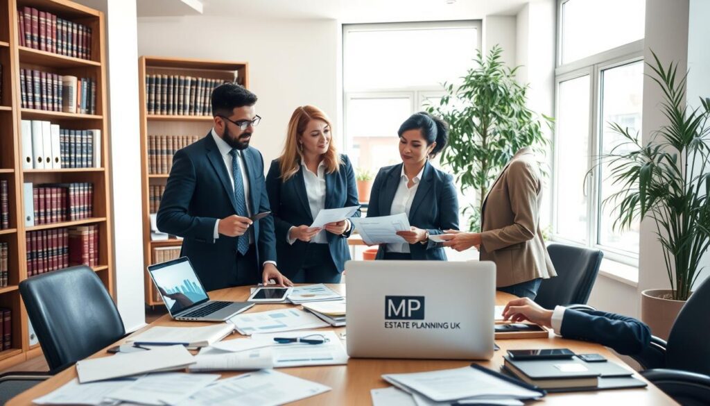 A professional office setting depicting the downsizing addition claim process. In the foreground, a diverse group of three individuals dressed in smart business attire is engaged in a discussion around a table scattered with paperwork, digital devices, and a laptop displaying charts. The middle environment features a large window allowing natural light to pour in, illuminating the space with a warm glow. In the background, a bookshelf filled with legal books and documents adds an academic ambiance, and a large potted plant brings a touch of nature. The overall mood is collaborative and focused, conveying a sense of urgency and professionalism needed for a financial claim process. The brand "MP Estate Planning UK" is subtly represented on a document on the table.