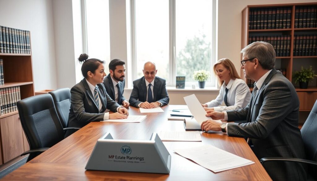 A professional office setting depicting the probate process in the UK. In the foreground, a diverse group of three people in professional business attire, including a solicitor, an executor, and a family member, are engaged in a serious discussion around a wooden conference table with legal documents and a laptop open, showcasing the significance of the probate process. The middle ground features shelves filled with neatly organized legal books and a document holder branded with "MP Estate Planning UK". The background presents a large window allowing natural light to flood the room, creating a calm, focused atmosphere. The mood conveys professionalism and importance, emphasizing clarity and trust in legal matters. The image should be bright and well-lit, capturing a sense of responsibility and seriousness associated with probate.