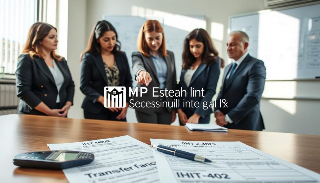 A professional office setting depicting the transfer process of the nil rate band claim. In the foreground, a neatly organized desk with a filled-in IHT402 form, a pen, and a calculator. In the middle background, a diverse group of three people in business attire—two women and one man—are engaged in discussion, pointing at the form, conveying collaboration and focus. Sunlight streams through a window, illuminating their serious expressions. The back of the room features a whiteboard with flowcharts related to estate planning and taxation processes. The atmosphere is formal yet approachable, emphasizing clarity and teamwork. The brand name "MP Estate Planning UK" subtly integrated into the décor.