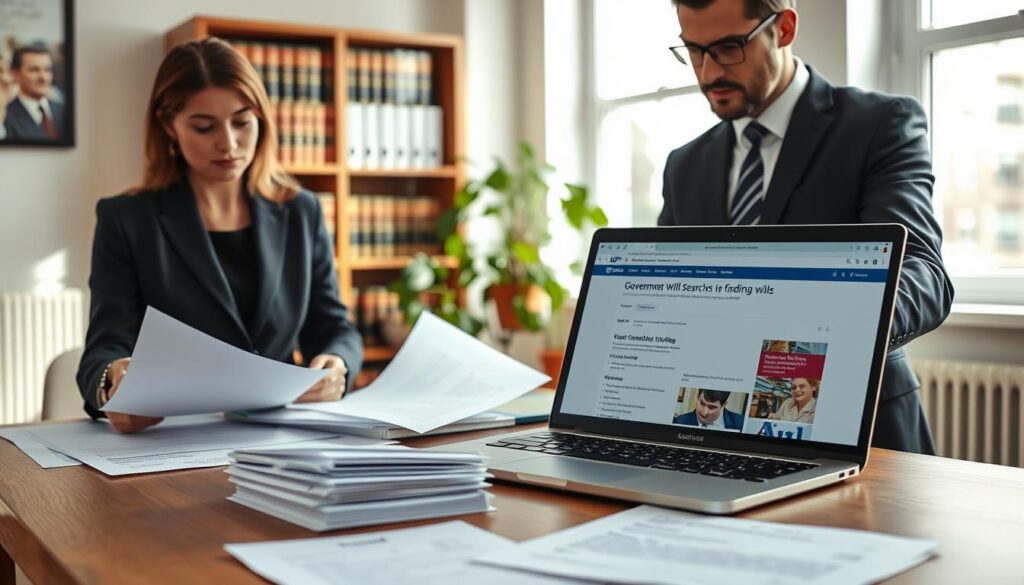 A professional office setting featuring a businesswoman and a businessman, both dressed in smart business attire, examining legal documents related to wills and probate. In the foreground, a table displaying a variety of papers and a laptop open to a government website about will searches. The middle ground shows a bookcase filled with law books and a potted plant. The background includes a window with natural daylight streaming in, creating a warm and inviting atmosphere. The overall mood is focused and diligent, illustrating a serious commitment to finding a will. The logo "MP Estate Planning UK" subtly incorporated on the laptop screen, without text overlays or watermarks. The image is captured with a soft focus lens to enhance the professional environment.