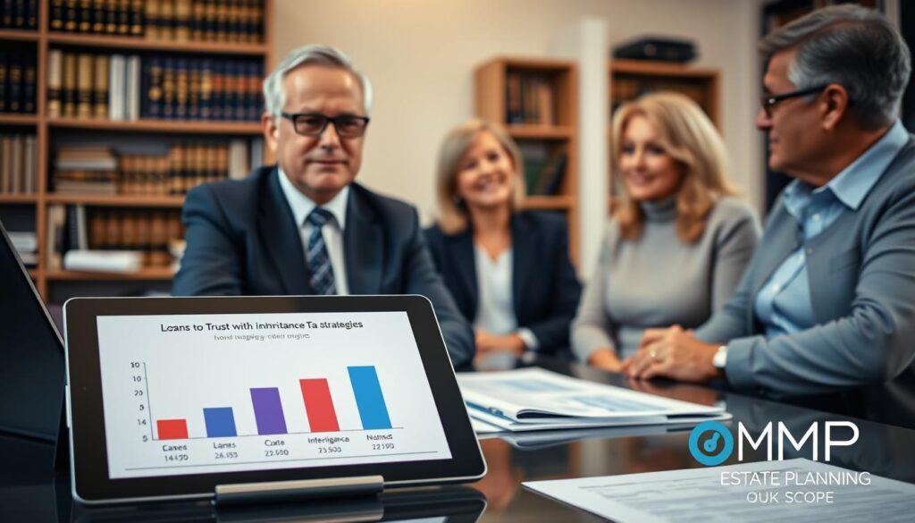 A professional office setting featuring a confident middle-aged financial advisor, dressed in smart business attire, discussing estate planning strategies with a couple. The background displays shelves filled with books on finance and law, alongside a modern desk with legal documents and a laptop open to financial graphs. The lighting is soft and warm, creating an inviting atmosphere. In the foreground, a tablet shows a digital infographic comparing loans to trusts with other inheritance tax strategies, symbolizing efficiency and planning. In one corner, subtly include the logo of "MP Estate Planning UK" to reflect the expertise in estate management. The overall mood conveys a sense of professionalism, trust, and informed decision-making.