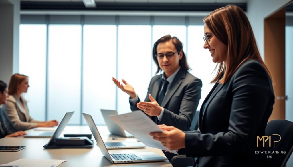 A professional office setting featuring a diverse group of certified professionals engaged in a discussion about certificate provision for an LPA in the UK. In the foreground, a confident woman in a smart business suit reviews documents, while a middle-aged man in a tailored blazer gestures, emphasizing a point. The middle ground showcases a modern conference table with laptops, paperwork, and a subtle, eye-catching logo of "MP Estate Planning UK" on the side. The background includes a large window with soft, natural light streaming in, illuminating the scene. The atmosphere is collaborative and focused, conveying a sense of professionalism and expertise. The composition is framed with a slight angle, enhancing depth and focus on the engaging dialogue among the professionals.