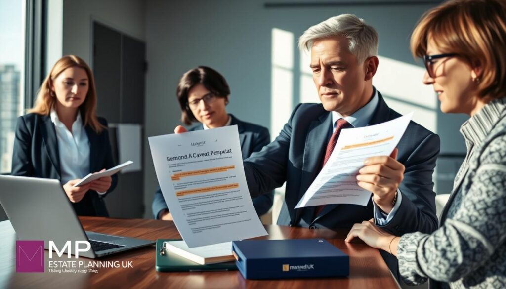 A professional office setting featuring a diverse group of individuals engaged in a discussion about the legal process of removing a caveat in the UK probate system. In the foreground, a middle-aged man in a sharp suit points to a legal document with highlighted sections, symbolizing the grounds for removal. To his left, a young woman in business attire takes notes, while an older woman, wearing glasses, examines a laptop displaying legal information. The background shows a modern conference room with a large window letting in soft natural light, casting gentle shadows across the table. The atmosphere is serious yet collaborative, reflecting professionalism and focus. The branding "MP Estate Planning UK" is subtly integrated into the scene, perhaps on a folder or document on the table.