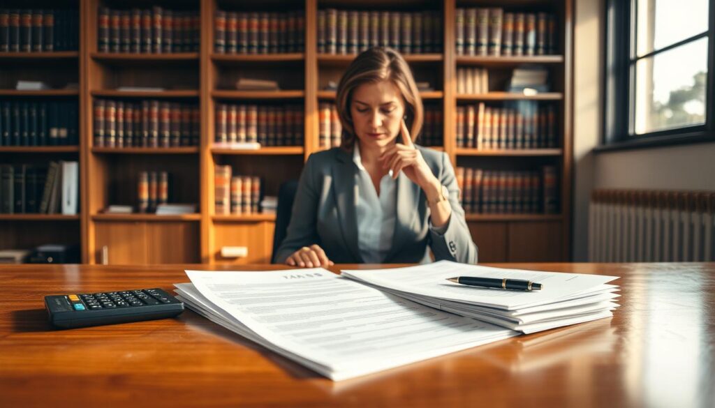 A professional office setting featuring a polished wooden desk in the foreground, where a neatly arranged stack of tax documents lies alongside a calculator and a pen. In the middle ground, a financial planner in business attire, a middle-aged Caucasian woman, is focused intently on the paperwork, with a contemplative expression. The background showcases shelves filled with legal books and files, softly illuminated by warm, diffused lighting to create a serious yet approachable atmosphere. A large window allows soft daylight to spill in, casting gentle shadows on the scene. The overall mood should be one of professionalism, diligence, and the importance of timely financial management, with subtle visual references to "MP Estate Planning UK" through elegant branding on the documents.