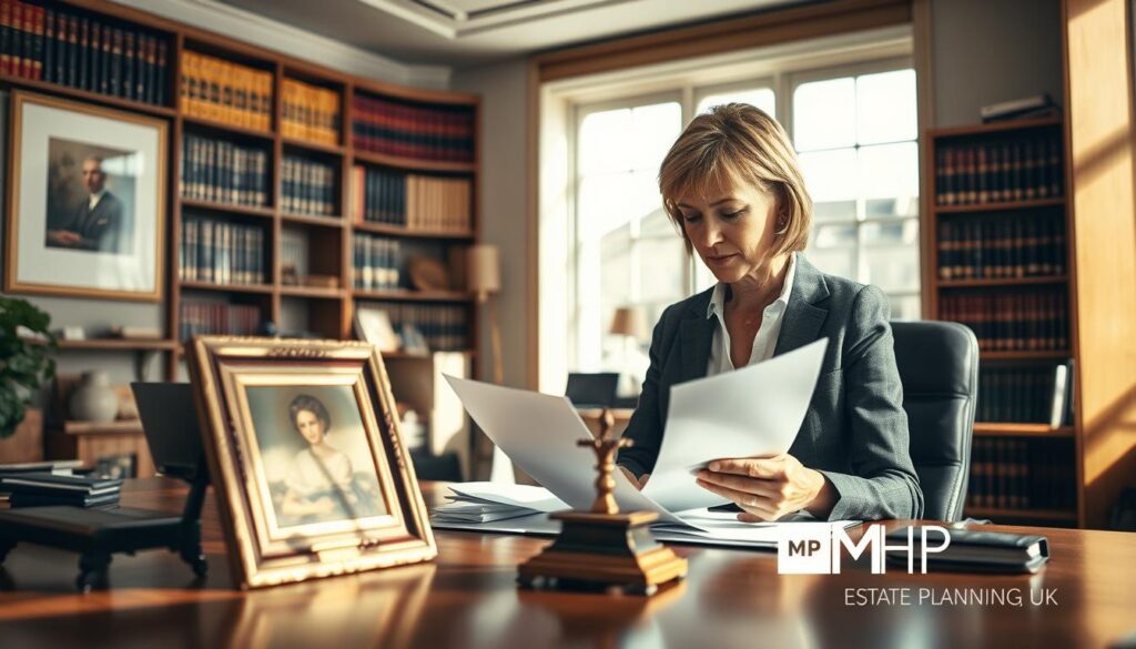 A professional office setting featuring a well-organized desk where a middle-aged woman in smart business attire is meticulously evaluating heritage assets valuation documents. In the foreground, a detailed focus on a vintage painting and a historical artifact displayed on the desk. The middle ground shows a large window allowing soft, natural light to flood the room, casting gentle shadows. In the background, bookshelves filled with law and history books. The atmosphere is calm yet focused, emphasizing the importance of heritage in estate planning. Use a wide-angle lens to emphasize depth, capturing the intricacies of the workplace. The scene should resonate with the professional nature of the topic, highlighting the significance of valuing heritage assets and include a subtle logo of "MP Estate Planning UK" within the scene.