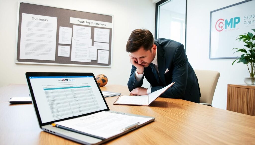 A professional office setting featuring a well-organized desk with documents related to trust registration services in the UK. In the foreground, a modern laptop displays a spreadsheet with trust information, while a clipboard holds notes for updating details. A person in formal business attire, concentrated and focused, is leaning over the desk, reviewing paperwork. In the middle ground, a wall-mounted bulletin board displays relevant regulations and guidelines for trust registration. The background shows a large window allowing soft, natural light to illuminate the scene, creating a warm and inviting atmosphere. The branding “MP Estate Planning UK” is subtly incorporated into a decorative item on the desk. The overall mood is one of diligence and professionalism, suitable for the theme of updating trust information.