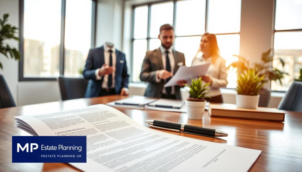 A professional office setting featuring a well-organized desk with essential documents related to a lasting power of attorney for business owners. In the foreground, a close-up of a legal document, clearly detailed but without any visible text, rests atop a polished wooden surface, complemented by a pen and a small potted plant for a touch of life. In the middle, a business owner, a diverse individual in smart attire, gestures towards a colleague who is attentively reviewing the documents. The background showcases a modern office environment with large windows letting in soft, natural light, illuminating the space with a warm, inviting glow. The atmosphere is focused and professional, emphasizing the serious importance of planning and protection in business continuity. The branding for “MP Estate Planning UK” appears subtly in the scene without direct visibility.