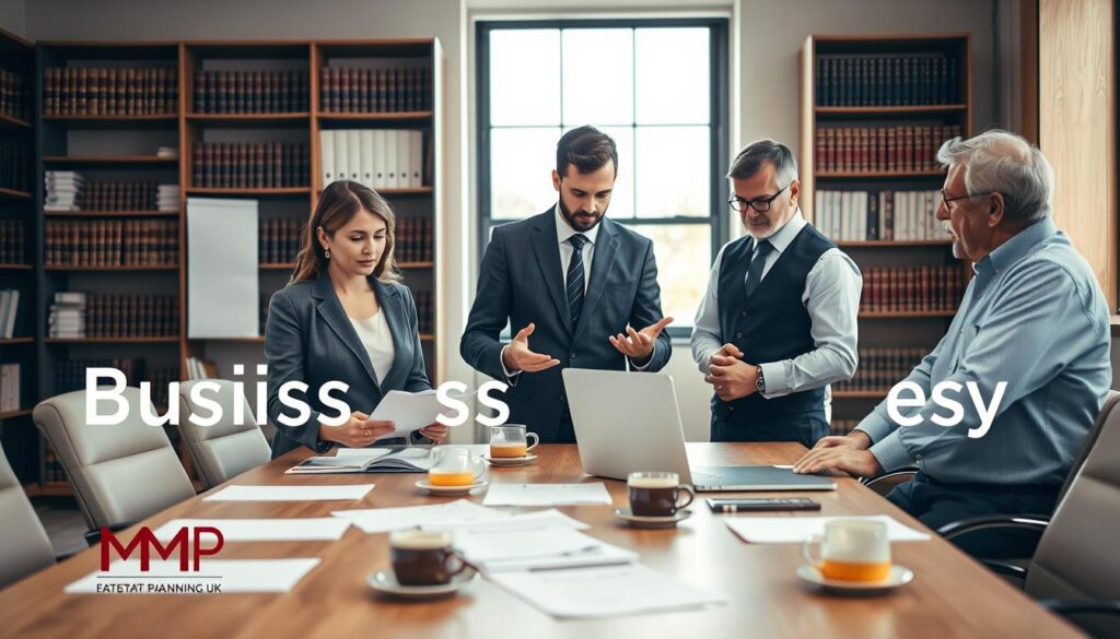 A professional office setting featuring diverse business owners engaged in discussions about legal protection, specifically Business Lasting Power of Attorney (LPA). In the foreground, a middle-aged woman in a smart blazer examines documents with a focused expression. Beside her, a younger man in a tailored suit gestures as he explains details to an attentive older man in a crisp shirt. The middle ground showcases a large conference table, scattered with business papers, a laptop, and coffee cups, indicating an active meeting. The background reveals shelves filled with law books and a large window with natural light streaming in, creating a warm atmosphere. The mood is serious yet collaborative, emphasizing the importance of legal protections for businesses. Brand name "MP Estate Planning UK" subtly incorporated into the decor, reinforcing the subject matter.