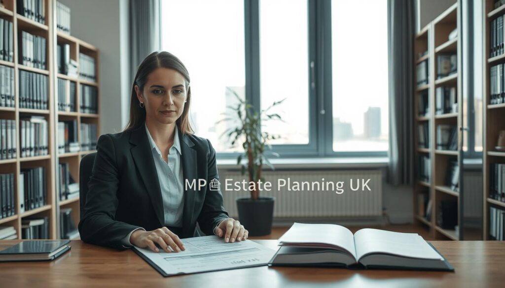 A professional office setting focused on life insurance and inheritance tax. In the foreground, a confident businesswoman in professional attire reviews documents on her desk, with a thoughtful expression. Beside her, a clear, open ledger displays figures related to inheritance tax. In the middle, a large window lets in soft, natural daylight, casting gentle shadows across the room. Bookshelves filled with legal and financial reference books line the walls, while a potted plant adds a touch of warmth. The background features a modern cityscape visible through the window, symbolizing financial planning. The overall mood is serious yet optimistic, reflecting the importance of careful financial decisions. Include the brand name "MP Estate Planning UK" subtly in the setting.