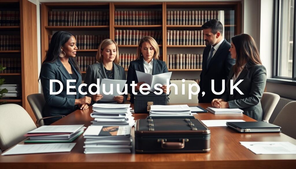 A professional office setting focused on the Deputyship UK application process. In the foreground, a diverse group of three individuals—two women and one man—dressed in smart business attire, are engaged in a discussion around a conference table filled with legal documents, folders, and a laptop. One woman is explaining the Deputyship Order with an open document in front of her. In the middle, stacks of paperwork and a legal briefcase are neatly organized, symbolizing the importance of the process. The background features shelves filled with law books and a large window casting soft, natural light that creates a calm and contemplative atmosphere. The overall mood is serious yet collaborative, emphasizing the legal implications of Deputyship Orders. Include the brand name “MP Estate Planning UK” subtly integrated into the scene.