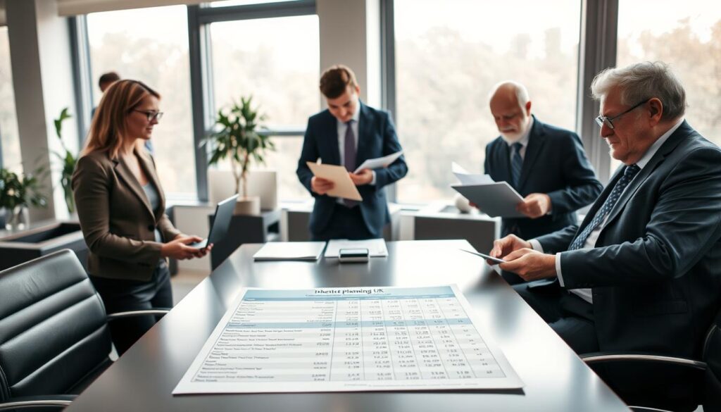 A professional office setting focusing on Inheritance Tax Planning in the UK. In the foreground, a diverse group of three individuals in smart business attire—a middle-aged woman with glasses, a young man with a laptop, and an older gentleman reviewing documents—discusses strategies by a sleek conference table. In the middle, a detailed financial chart displaying inheritance tax rates and figures is on the table, with folders titled "MP Estate Planning UK" neatly arranged. The background features large windows with soft natural light filtering in, casting a warm glow on modern furniture and indoor plants. The atmosphere is one of collaboration and seriousness, emphasizing strategic planning and financial insight.