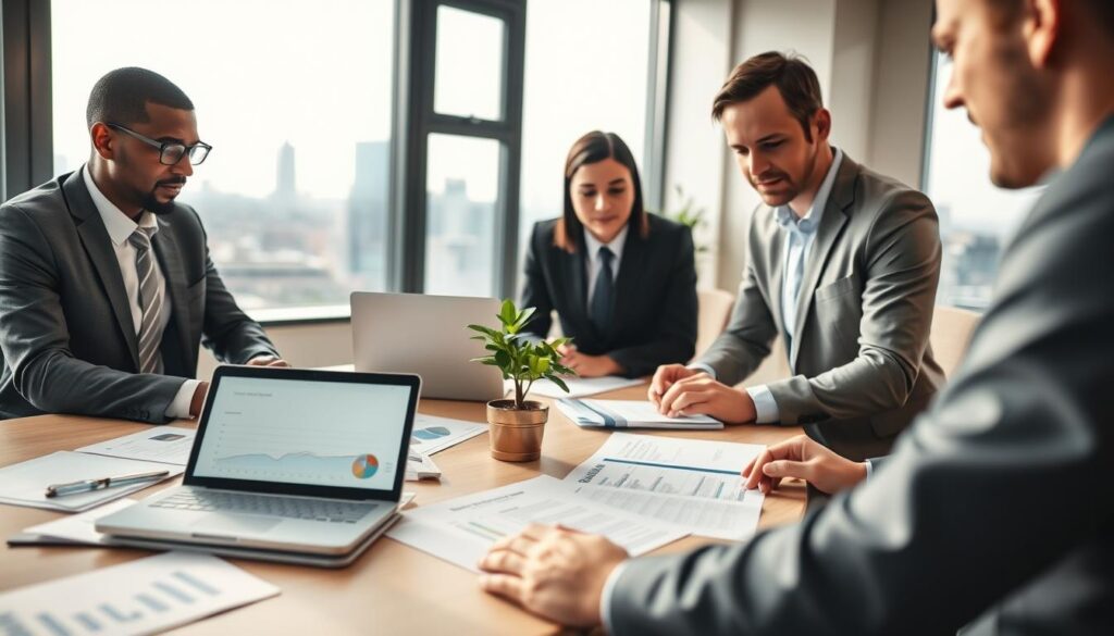 A professional office setting focusing on inheritance tax planning in the UK. In the foreground, a diverse group of three individuals, two men and one woman, dressed in smart business attire, are gathered around a conference table, reviewing financial documents and charts. In the middle, the table is cluttered with papers, a laptop showing graphs, and a decorative plant in a pot. The background features a large window with a view of a city skyline, allowing natural light to fill the room, creating a bright and inviting atmosphere. Use warm, soft lighting to enhance the mood of collaboration and trust. The brand name "MP Estate Planning UK" should be subtly presented on a document on the table, without any additional text or logos in the image.